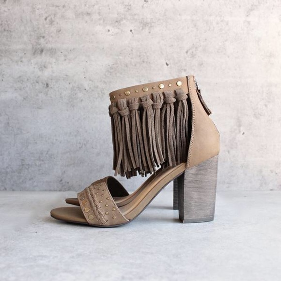 Tan Leather Fringe Festival Boho Block Heel Sandal - Picture 4 of 5